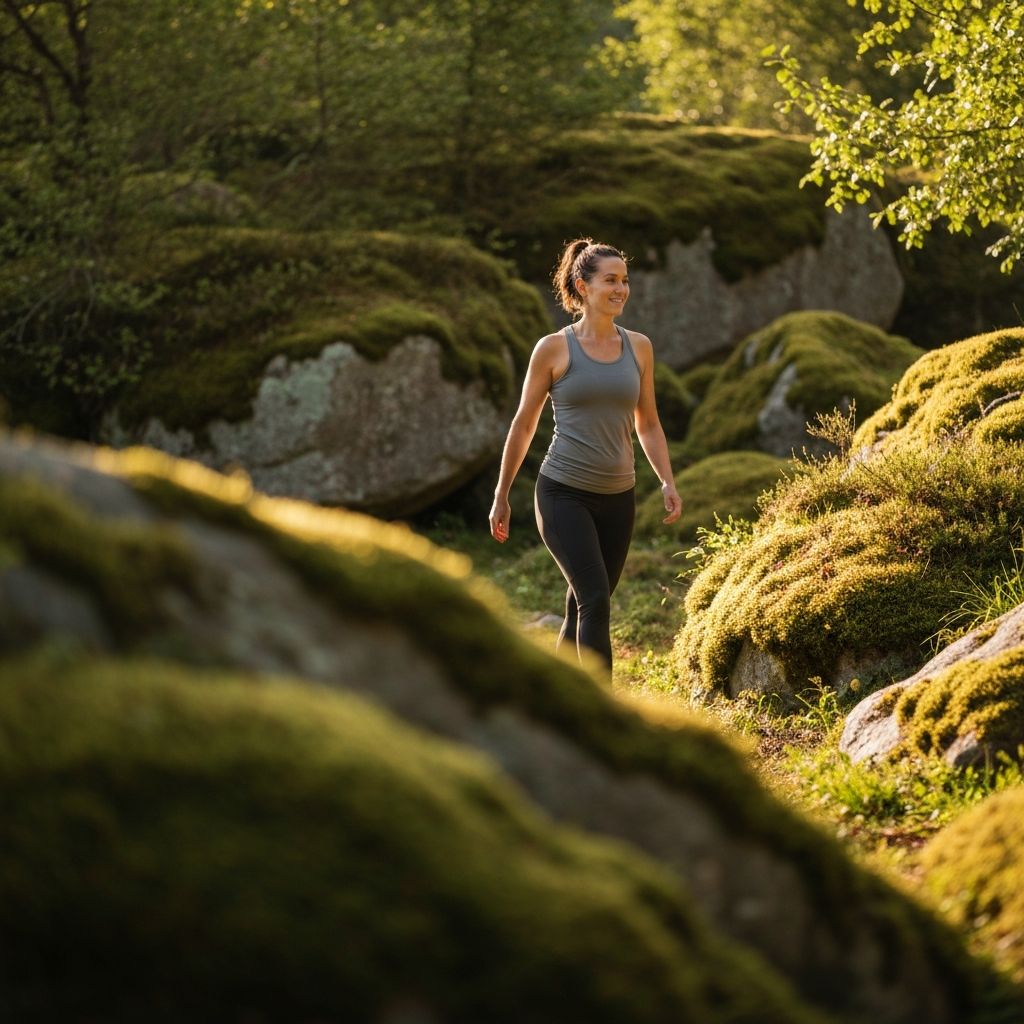Persona caminando en entorno natural pacífico, demostrando actividad física moderada en ambiente sereno con iluminación natural cálida