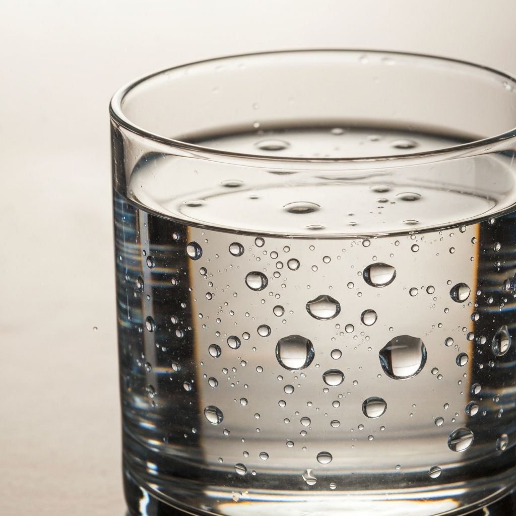 Gota de agua cristalina en vaso de agua fresca, representando hidratación y principios esenciales de bienestar